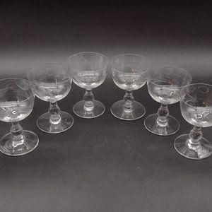 6 Etched Crystal Wine or Liqueur Glasses